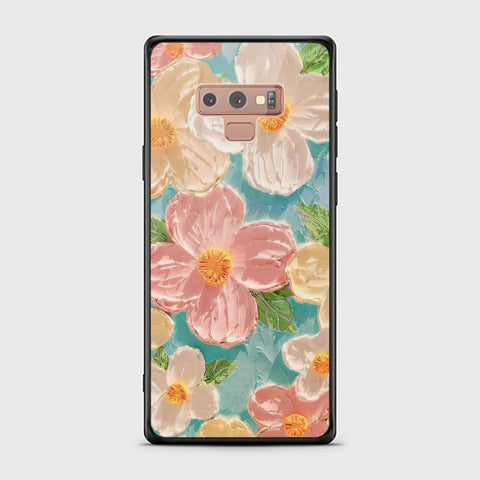 Samsung Galaxy Note 9 Cover - Floral Series - Design 16 - Cyan & Pink - HQ Ultra Shine Premium Infinity Glass Soft Silicon Borders Case