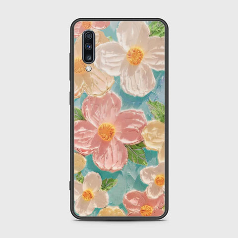 Samsung Galaxy A70 Cover - Floral Series - Design 16 - Cyan & Pink - HQ Ultra Shine Premium Infinity Glass Soft Silicon Borders Case