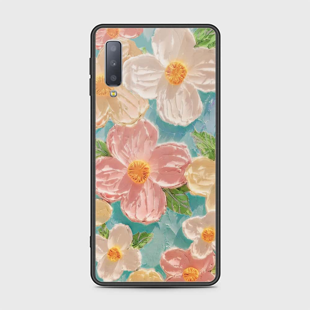 Samsung Galaxy A7 2018 Cover - Floral Series - Design 16 - Cyan & Pink - HQ Ultra Shine Premium Infinity Glass Soft Silicon Borders Case