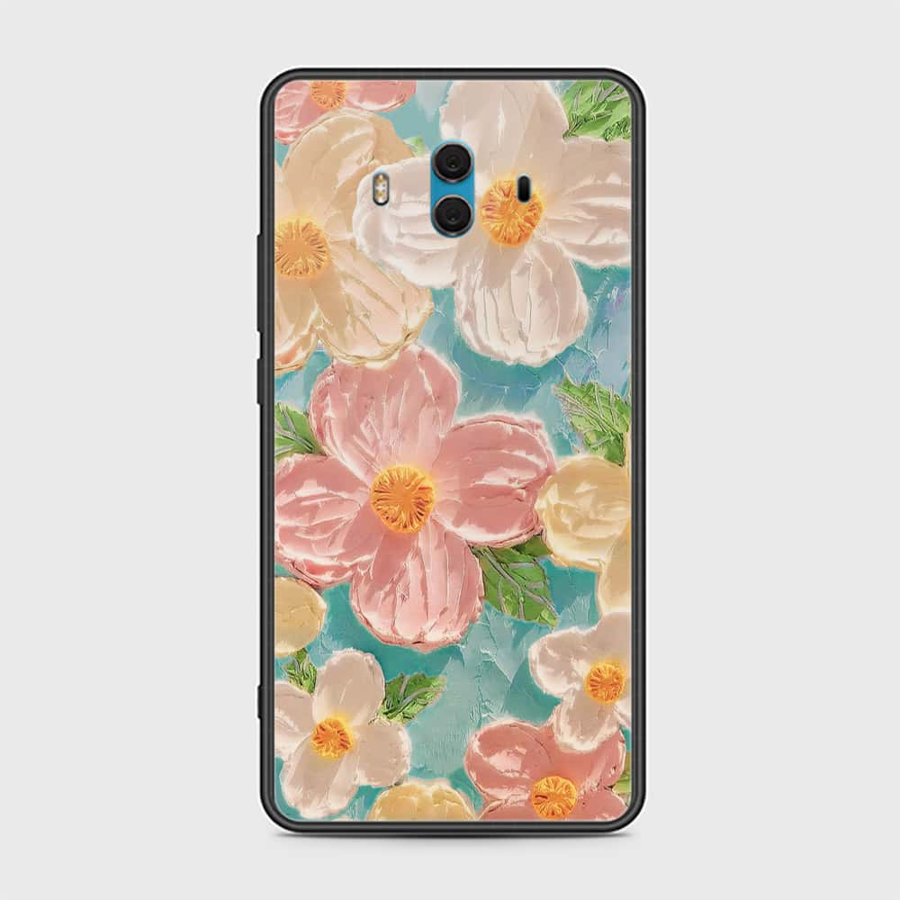 Huawei Mate 10 Cover - Floral Series - Design 16 - Cyan & Pink - HQ Ultra Shine Premium Infinity Glass Soft Silicon Borders Case