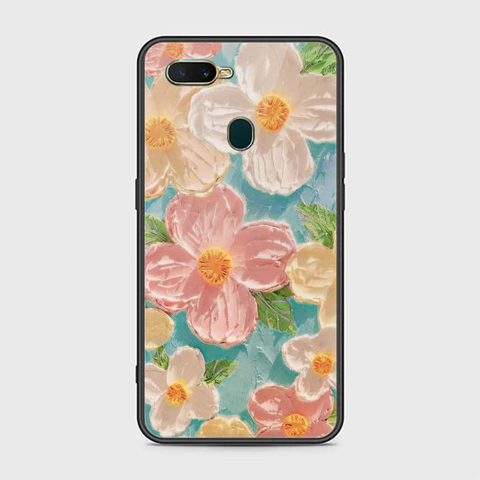 Oppo A7 Cover - Floral Series - Design 16 - Cyan & Pink - HQ Ultra Shine Premium Infinity Glass Soft Silicon Borders Case