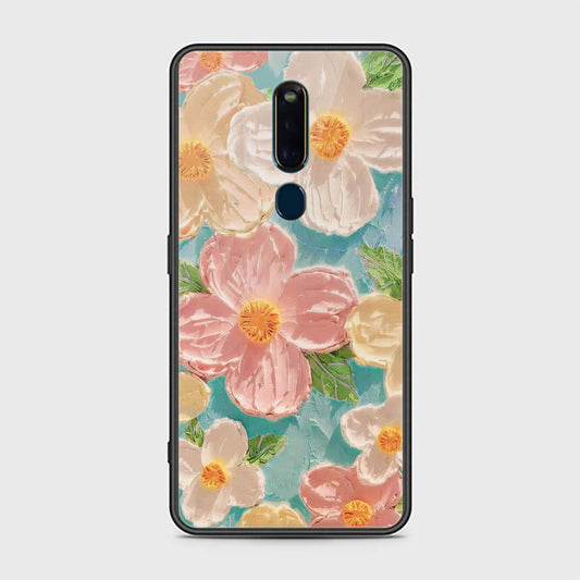 Oppo F11 Pro Cover - Floral Series - Design 16 - Cyan & Pink - HQ Ultra Shine Premium Infinity Glass Soft Silicon Borders Case