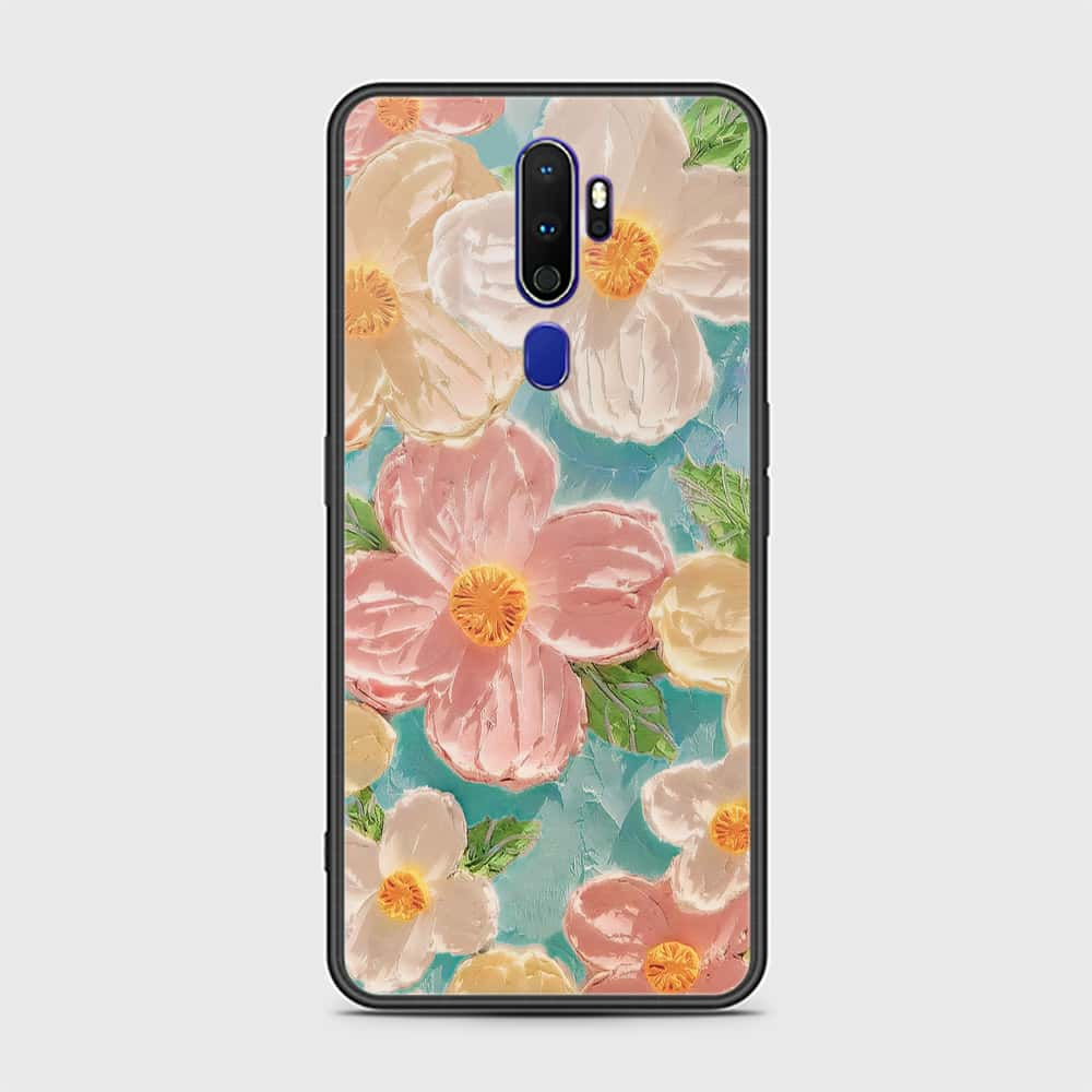 Oppo A5 2020 Cover - Floral Series - Design 16 - Cyan & Pink - HQ Ultra Shine Premium Infinity Glass Soft Silicon Borders Case