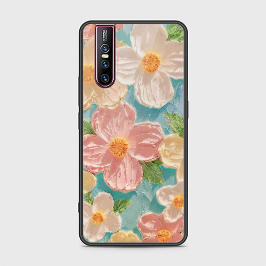 Vivo V15 Pro Cover - Floral Series - Design 16 - Cyan & Pink - HQ Ultra Shine Premium Infinity Glass Soft Silicon Borders Case