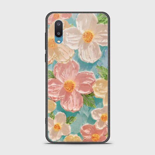 Samsung Galaxy A02 Cover - Floral Series - Design 16 - Cyan & Pink - HQ Ultra Shine Premium Infinity Glass Soft Silicon Borders Case