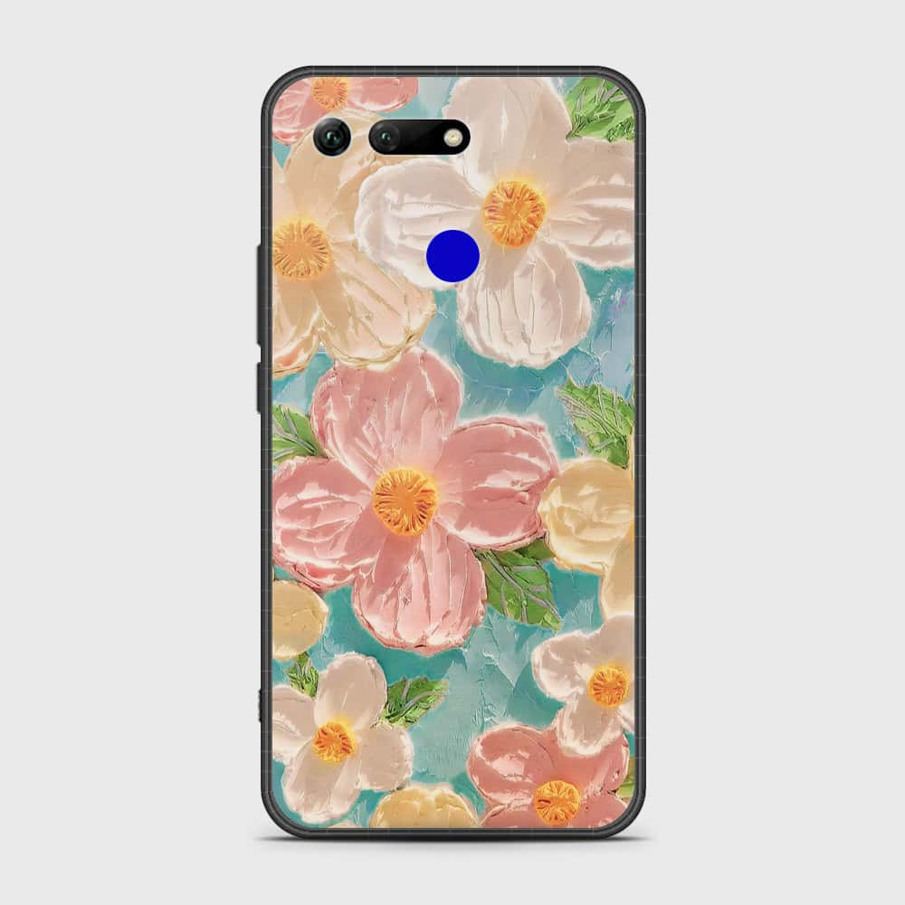 Huawei Honor View 20 Cover - Floral Series - Design 16 - Cyan & Pink - HQ Ultra Shine Premium Infinity Glass Soft Silicon Borders Case