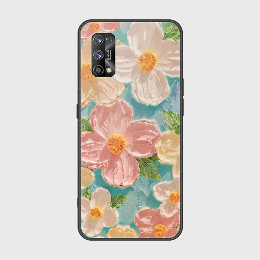 Realme 7 Pro Cover - Floral Series - Design 16 - Cyan & Pink - HQ Ultra Shine Premium Infinity Glass Soft Silicon Borders Case