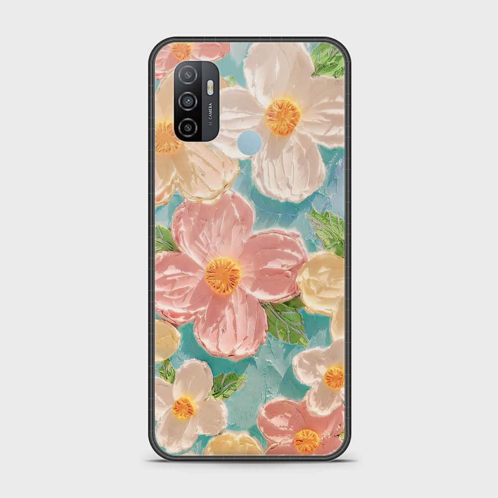 Oppo A53s Cover - Floral Series - Design 16 - Cyan & Pink - HQ Ultra Shine Premium Infinity Glass Soft Silicon Borders Case