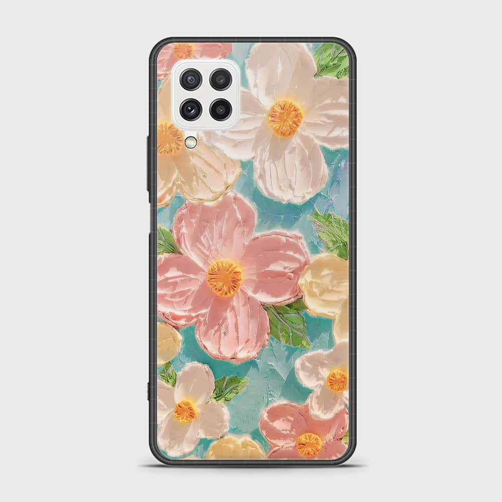 Samsung Galaxy M32 Cover - Floral Series - Design 16 - Cyan & Pink - HQ Ultra Shine Premium Infinity Glass Soft Silicon Borders Case