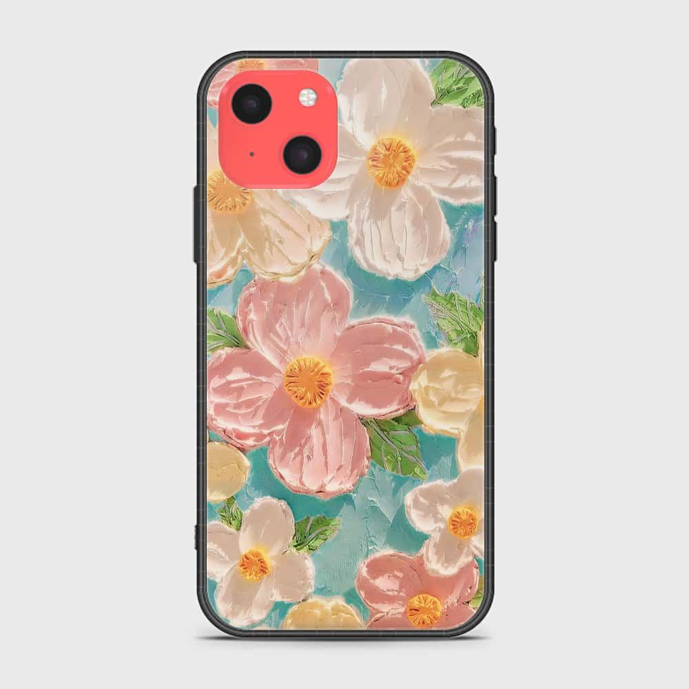 iPhone 13 Mini Cover - Floral Series - Design 16 - Cyan & Pink - HQ Ultra Shine Premium Infinity Glass Soft Silicon Borders Case