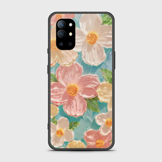 OnePlus 9R Cover - Floral Series - Design 16 - Cyan & Pink - HQ Ultra Shine Premium Infinity Glass Soft Silicon Borders Case