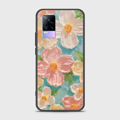 Vivo Y73 Cover - Floral Series - Design 16 - Cyan & Pink - HQ Ultra Shine Premium Infinity Glass Soft Silicon Borders Case