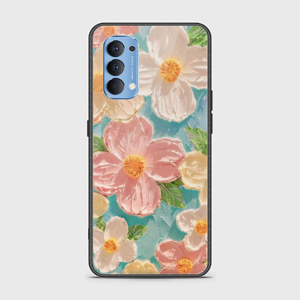 Oppo Reno 4 Cover - Floral Series - Design 16 - Cyan & Pink - HQ Ultra Shine Premium Infinity Glass Soft Silicon Borders Case