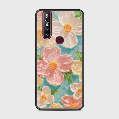 Vivo V15 Cover - Floral Series - Design 16 - Cyan & Pink - HQ Ultra Shine Premium Infinity Glass Soft Silicon Borders Case