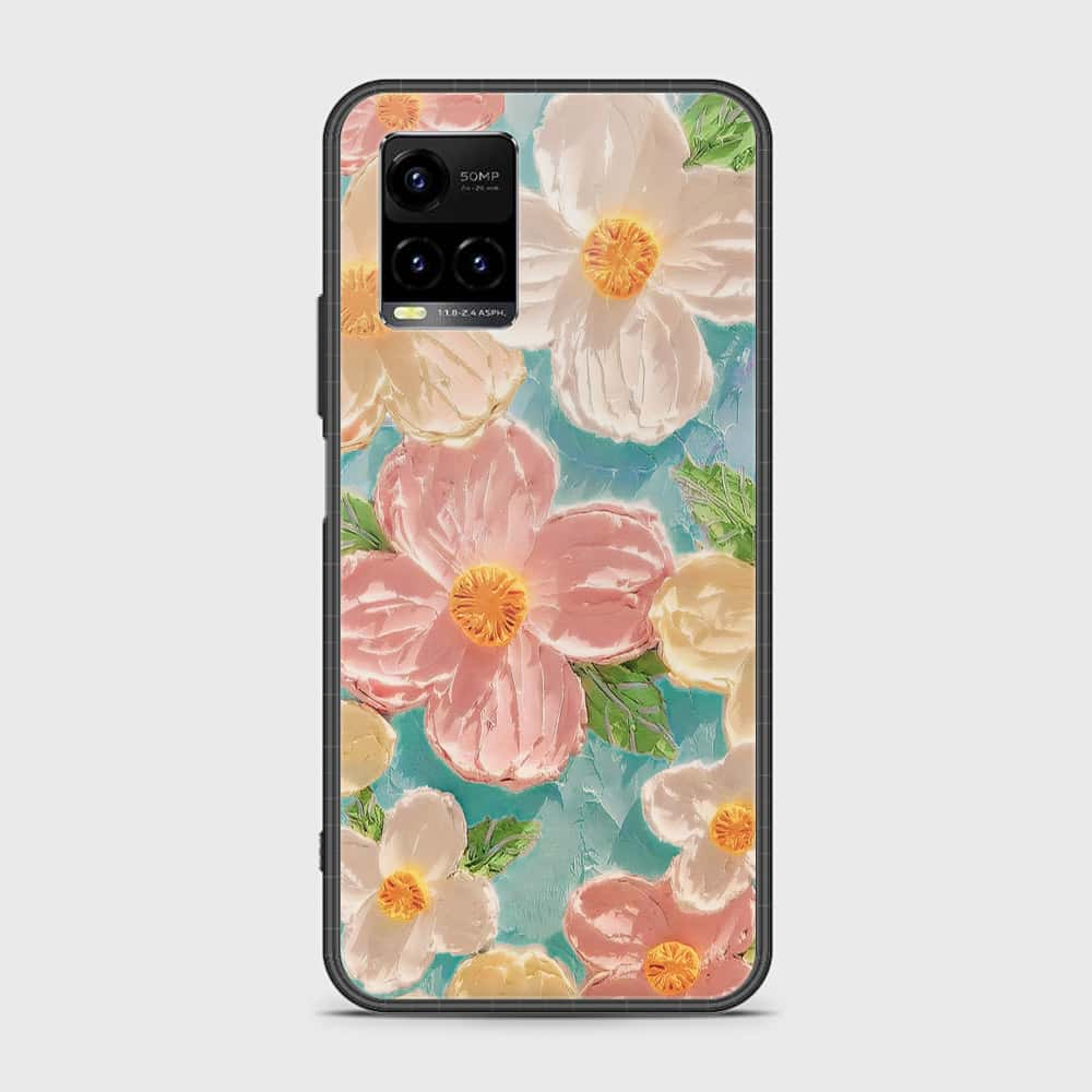 Vivo Y21e Cover - Floral Series - Design 16 - Cyan & Pink - HQ Ultra Shine Premium Infinity Glass Soft Silicon Borders Case