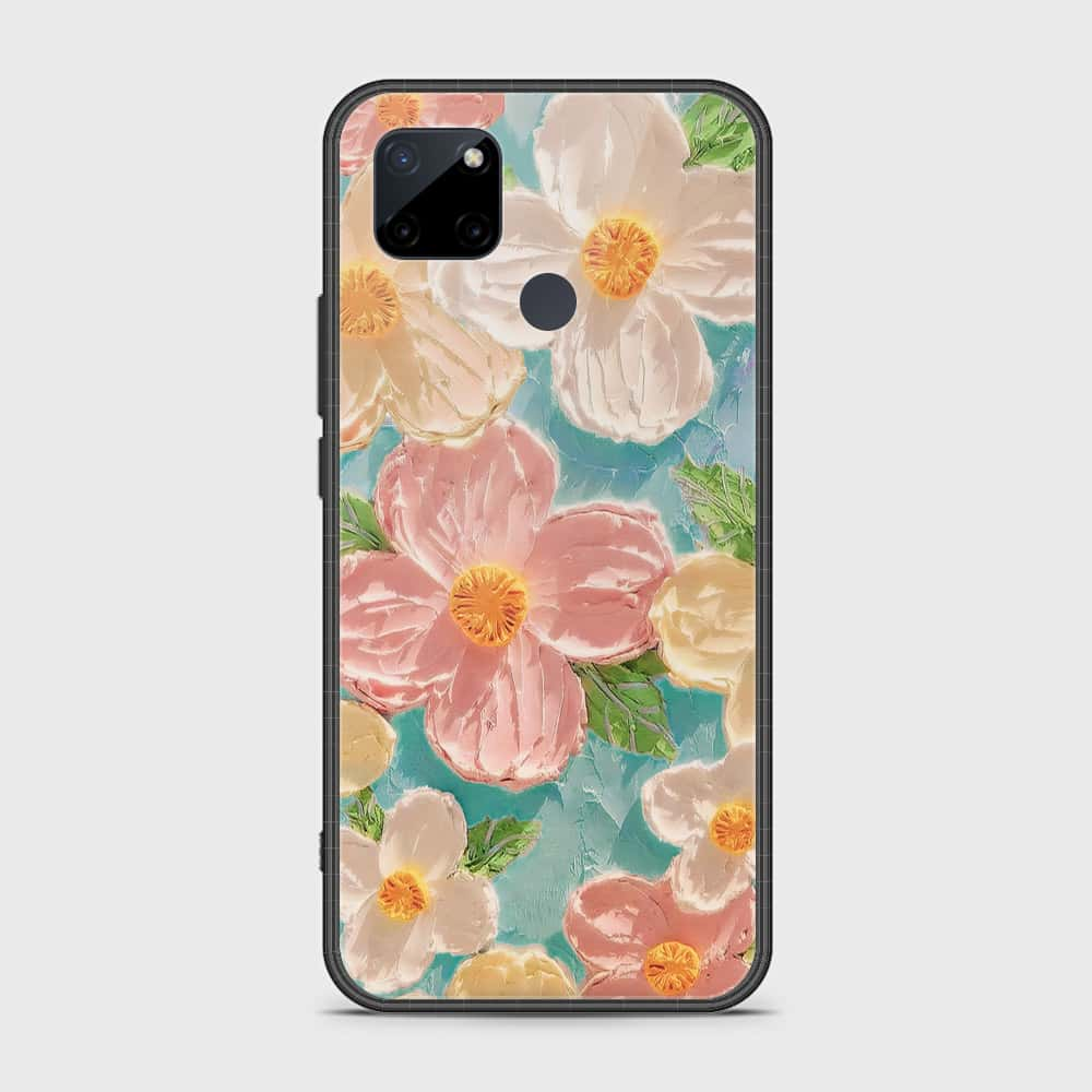 Realme C25Y Cover - Floral Series - Design 16 - Cyan & Pink - HQ Ultra Shine Premium Infinity Glass Soft Silicon Borders Case