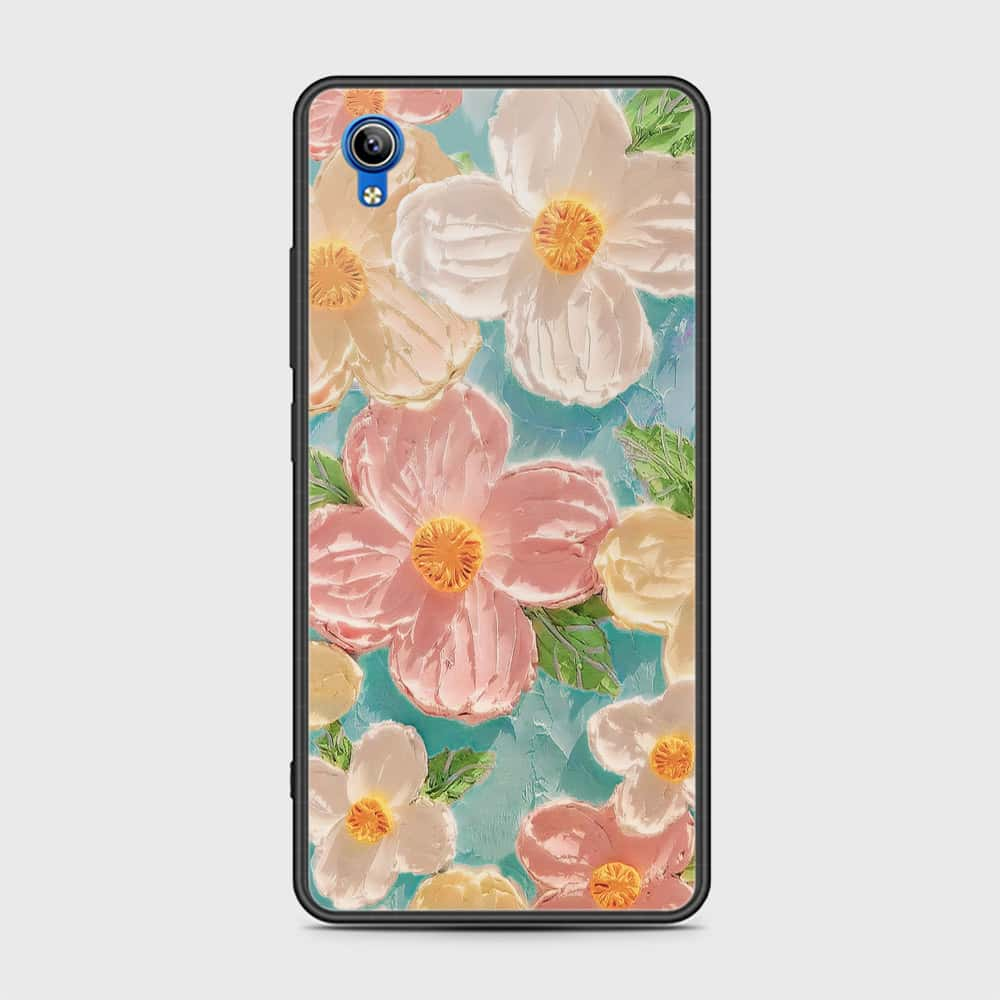 Vivo Y91C Cover - Floral Series - Design 16 - Cyan & Pink - HQ Ultra Shine Premium Infinity Glass Soft Silicon Borders Case