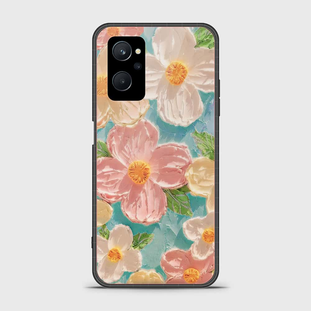 Realme 9i Cover - Floral Series - Design 16 - Cyan & Pink - HQ Ultra Shine Premium Infinity Glass Soft Silicon Borders Case