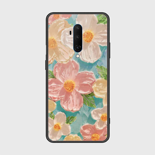 OnePlus 7T Pro Cover - Floral Series - Design 16 - Cyan & Pink - HQ Ultra Shine Premium Infinity Glass Soft Silicon Borders Case