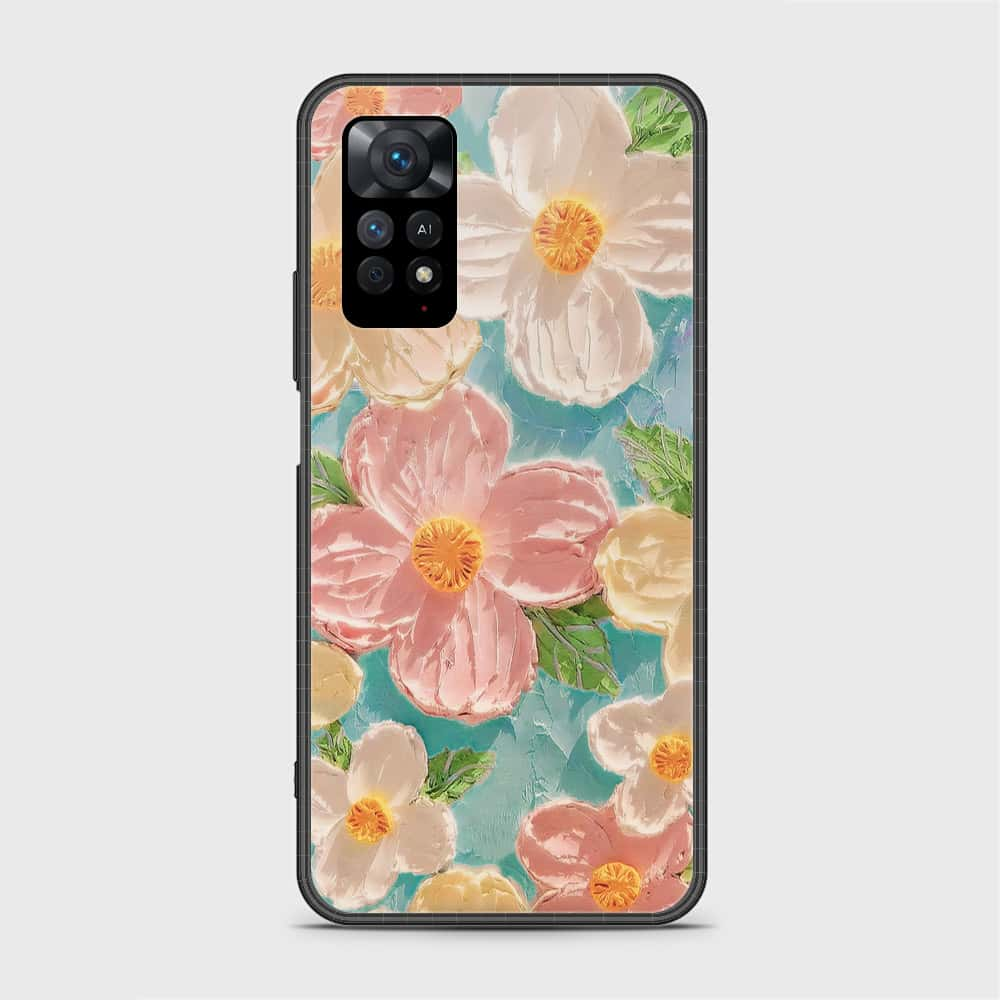 Xiaomi Redmi Note 11 Cover - Floral Series - Design 16 - Cyan & Pink - HQ Ultra Shine Premium Infinity Glass Soft Silicon Borders Case