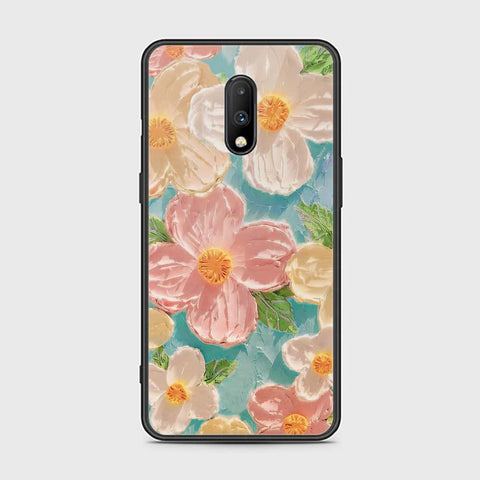 OnePlus 7 Cover - Floral Series - Design 16 - Cyan & Pink - HQ Ultra Shine Premium Infinity Glass Soft Silicon Borders Case