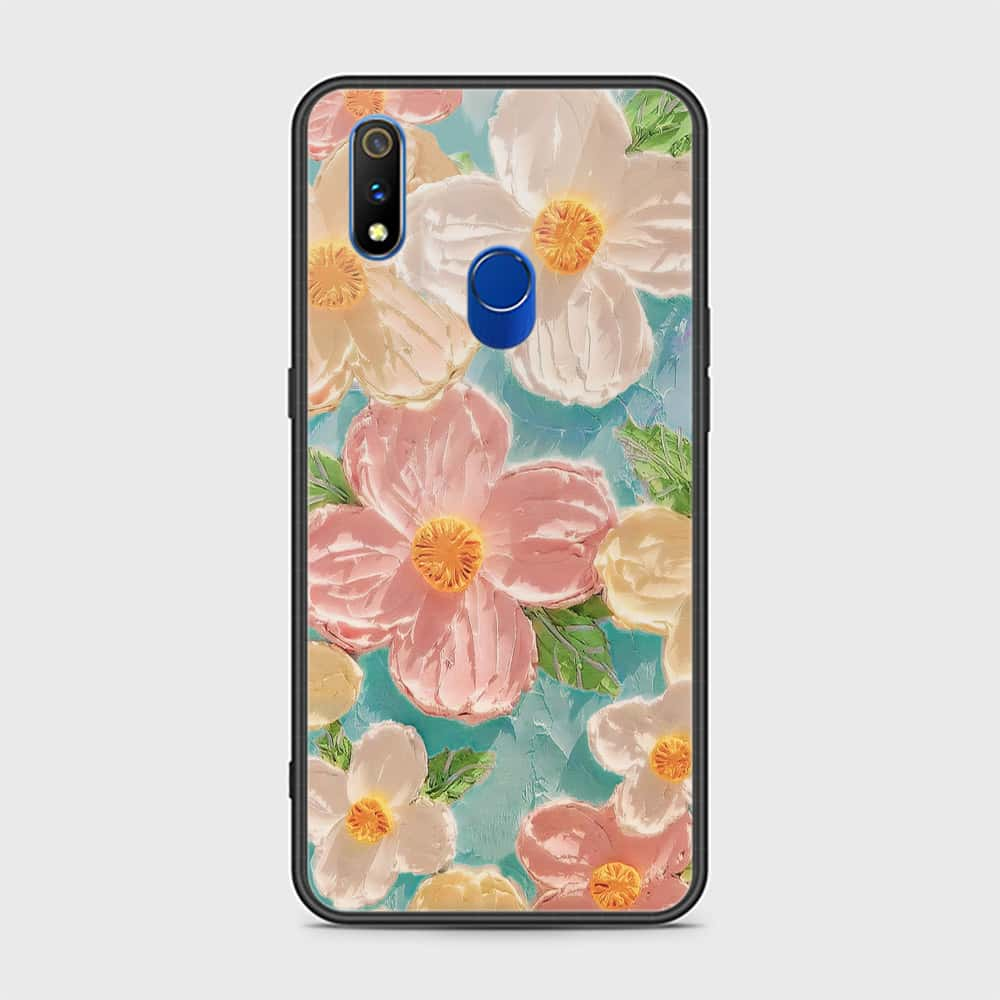 Realme 3 Pro Cover - Floral Series - Design 16 - Cyan & Pink - HQ Ultra Shine Premium Infinity Glass Soft Silicon Borders Case