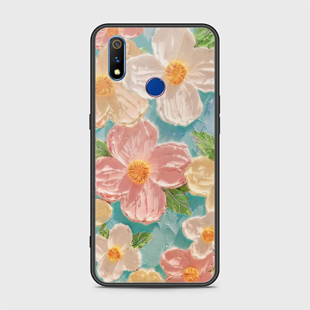 Realme 3 Cover - Floral Series - Design 16 - Cyan & Pink - HQ Ultra Shine Premium Infinity Glass Soft Silicon Borders Case