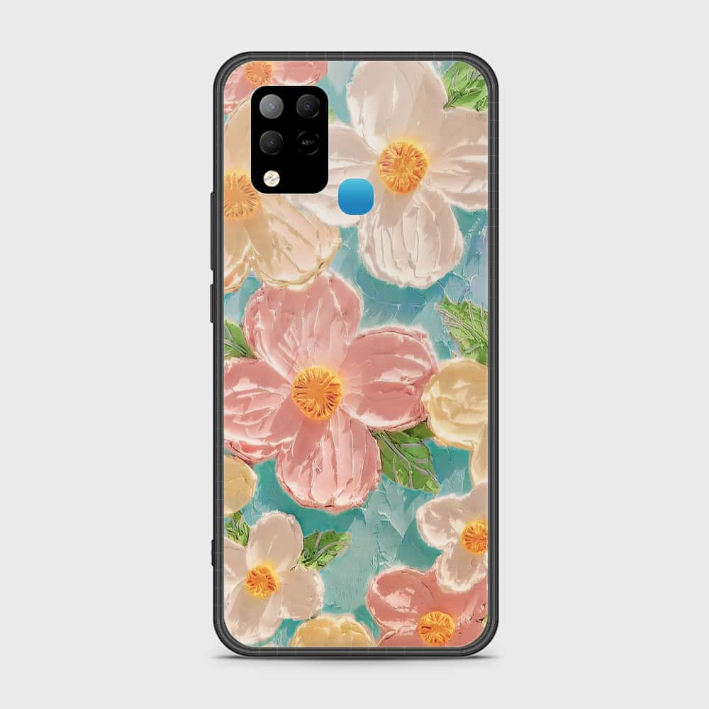 Infinix Hot 10T Cover - Floral Series - Design 16 - Cyan & Pink - HQ Ultra Shine Premium Infinity Glass Soft Silicon Borders Case