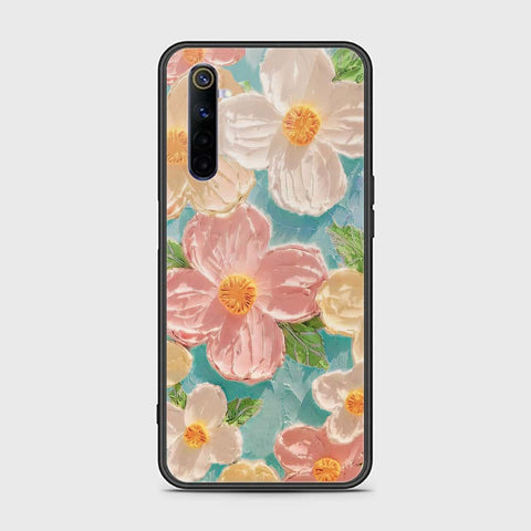 Realme 6 Cover - Floral Series - Design 16 - Cyan & Pink - HQ Ultra Shine Premium Infinity Glass Soft Silicon Borders Case