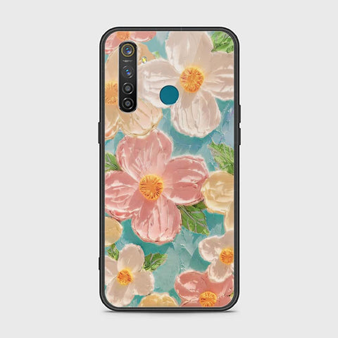 Realme 5 Pro Cover - Floral Series - Design 16 - Cyan & Pink - HQ Ultra Shine Premium Infinity Glass Soft Silicon Borders Case