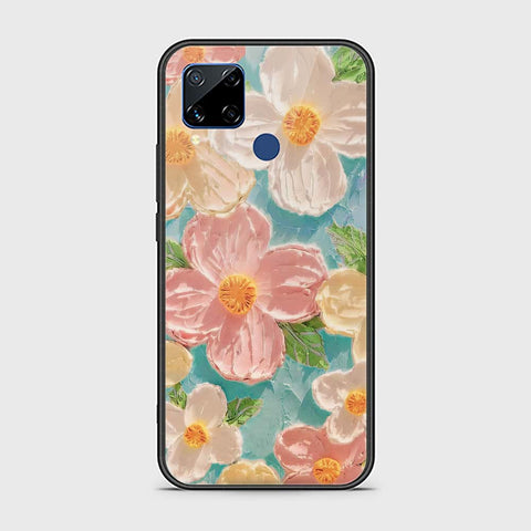 Realme C15 Cover - Floral Series - Design 16 - Cyan & Pink - HQ Ultra Shine Premium Infinity Glass Soft Silicon Borders Case