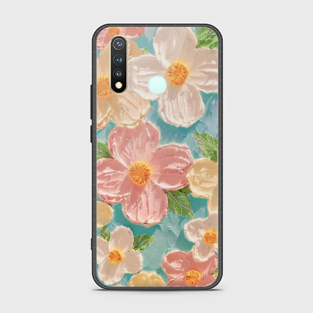 Vivo Y19 Cover - Floral Series - Design 16 - Cyan & Pink - HQ Ultra Shine Premium Infinity Glass Soft Silicon Borders Case