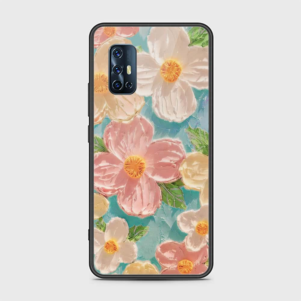 Vivo V17 Cover - Floral Series - Design 16 - Cyan & Pink - HQ Ultra Shine Premium Infinity Glass Soft Silicon Borders Case