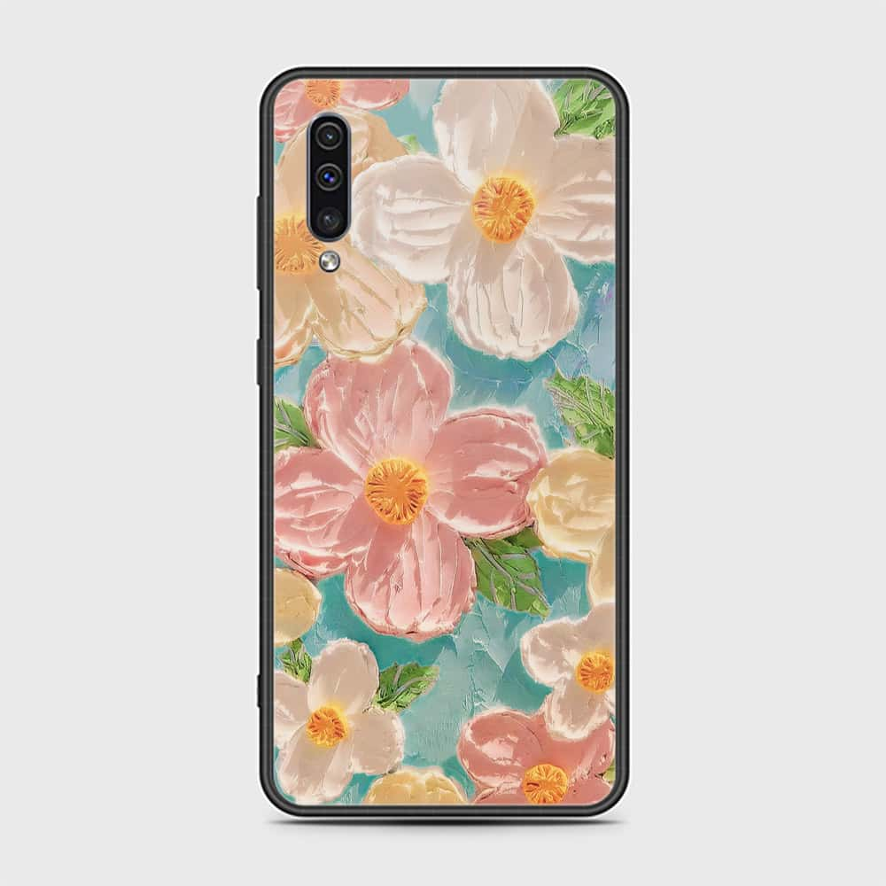 Samsung Galaxy A30s Cover - Floral Series - Design 16 - Cyan & Pink - HQ Ultra Shine Premium Infinity Glass Soft Silicon Borders Case