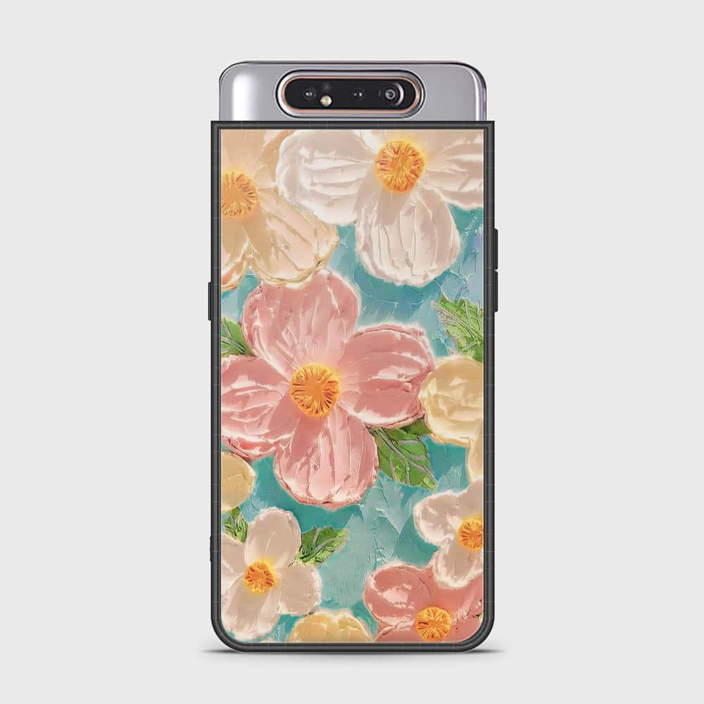 Samsung Galaxy A80 Cover - Floral Series - Design 16 - Cyan & Pink - HQ Ultra Shine Premium Infinity Glass Soft Silicon Borders Case