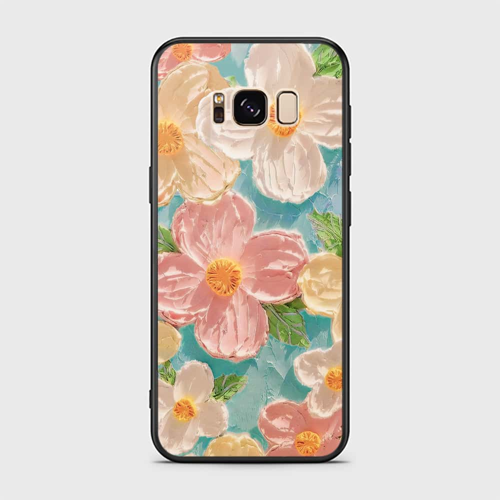 Samsung Galaxy S8 Cover - Floral Series - Design 16 - Cyan & Pink - HQ Ultra Shine Premium Infinity Glass Soft Silicon Borders Case