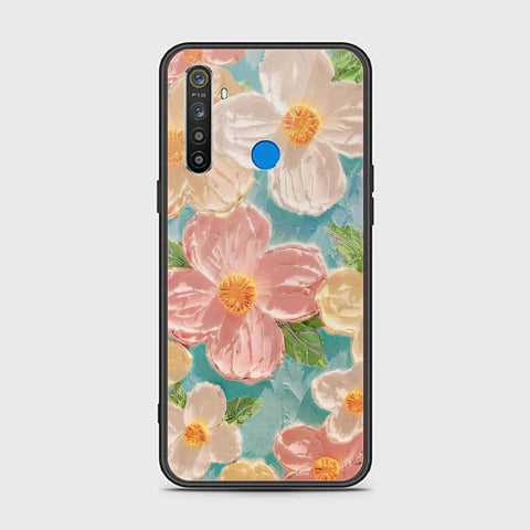 Realme 5 Cover - Floral Series - Design 16 - Cyan & Pink - HQ Ultra Shine Premium Infinity Glass Soft Silicon Borders Case