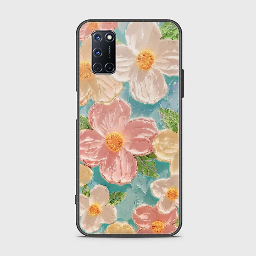 Oppo A92 Cover - Floral Series - Design 16 - Cyan & Pink - HQ Ultra Shine Premium Infinity Glass Soft Silicon Borders Case