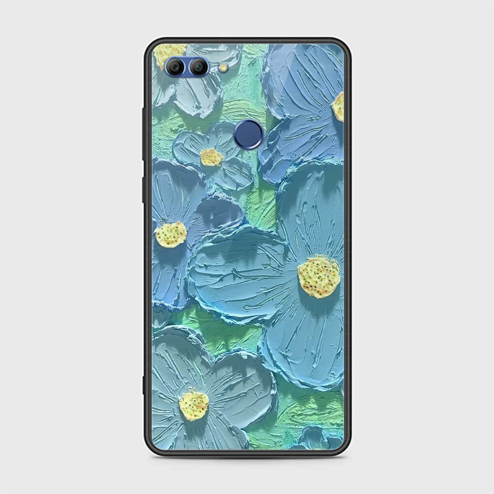 Huawei Y9 2018 Cover - Floral Series - Design 1 - Purple & Aqua - HQ Ultra Shine Premium Infinity Glass Soft Silicon Borders Case