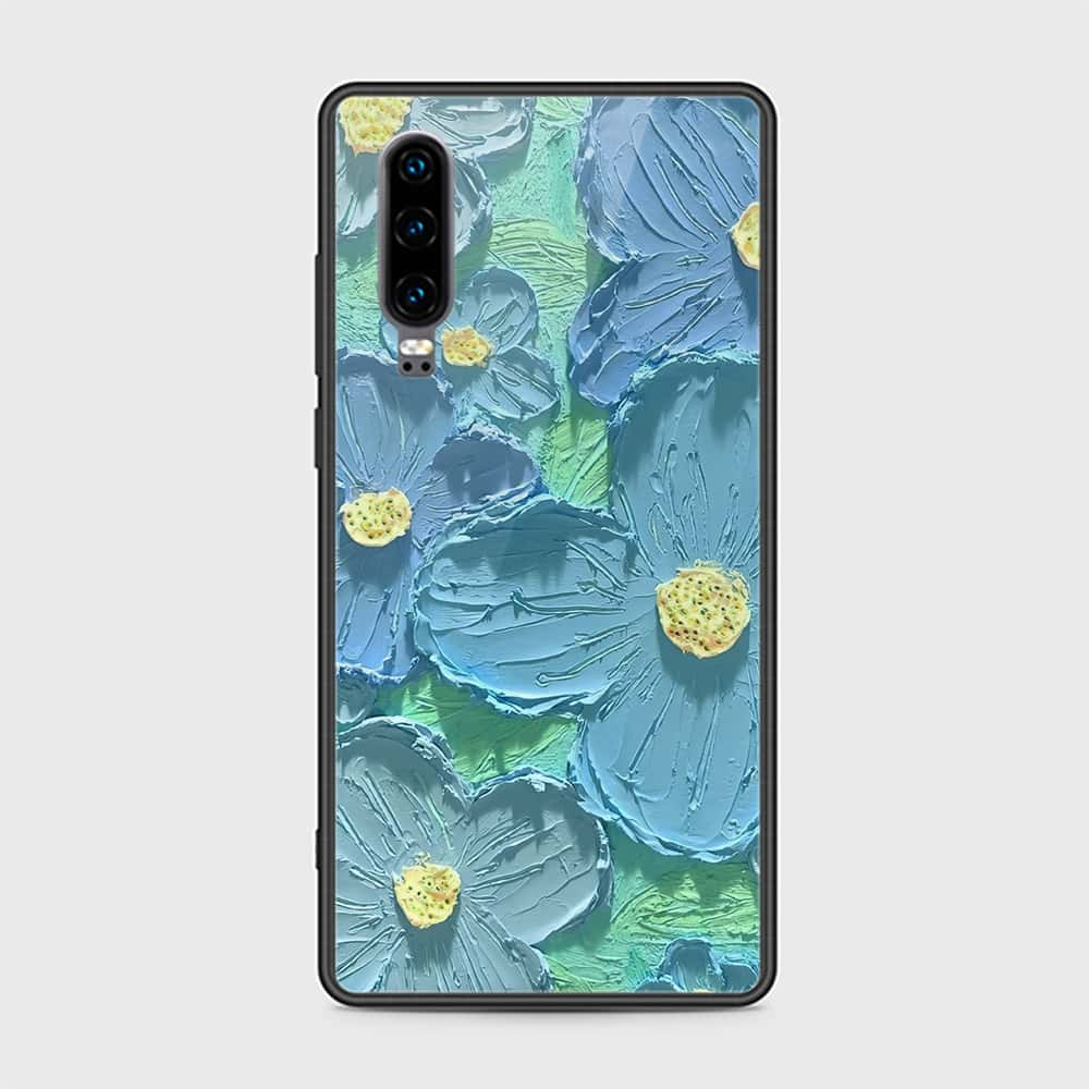 Huawei P30 Cover - Floral Series - Design 1 - Purple & Aqua - HQ Ultra Shine Premium Infinity Glass Soft Silicon Borders Case