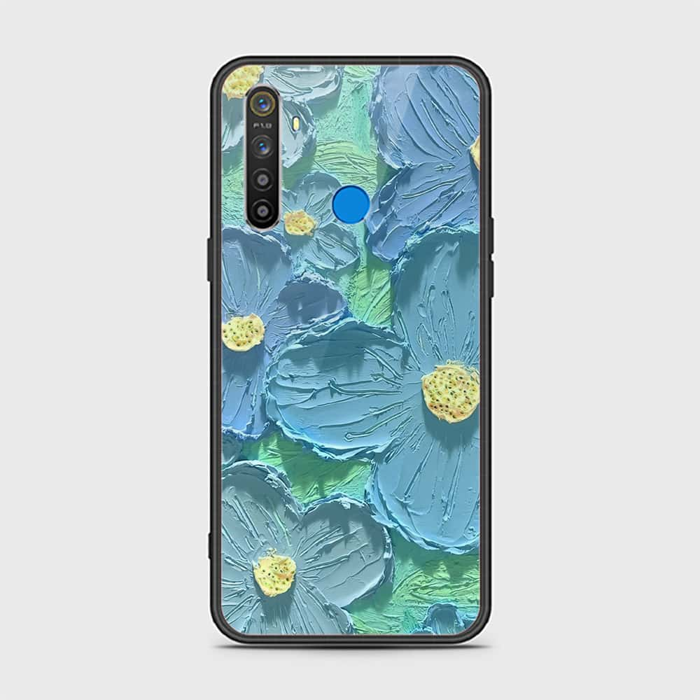 Realme 5 Cover - Floral Series - Design 1 - Purple & Aqua - HQ Ultra Shine Premium Infinity Glass Soft Silicon Borders Case