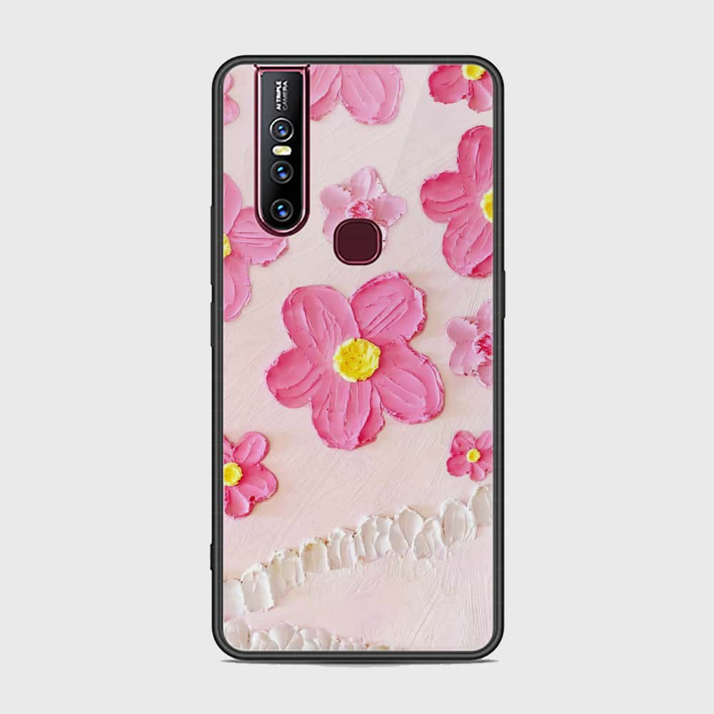 Vivo V15 Cover - Floral Series - Design 2 - Pink - HQ Ultra Shine Premium Infinity Glass Soft Silicon Borders Case