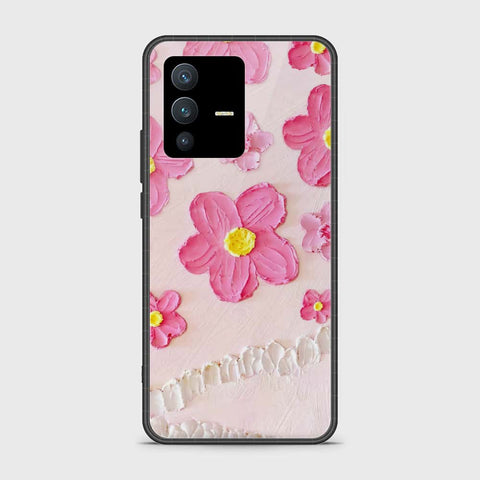 Vivo V23 Cover - Floral Series - Design 2 - Purple & Aqua - HQ Ultra Shine Premium Infinity Glass Soft Silicon Borders Case