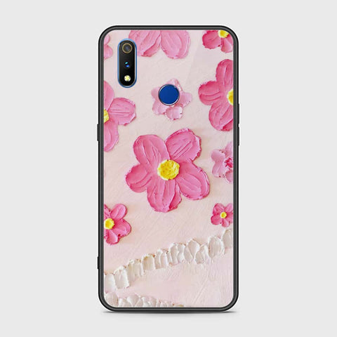 Realme 3 Cover - Floral Series - Design 2 - Purple & Aqua - HQ Ultra Shine Premium Infinity Glass Soft Silicon Borders Case