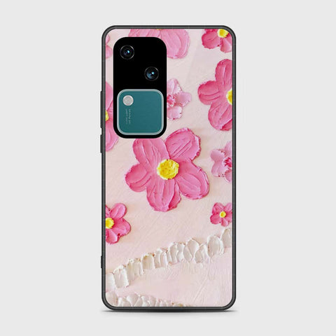 Vivo V30 Cover - Floral Series - Design 2 - Purple & Aqua - HQ Ultra Shine Premium Infinity Glass Soft Silicon Borders Case