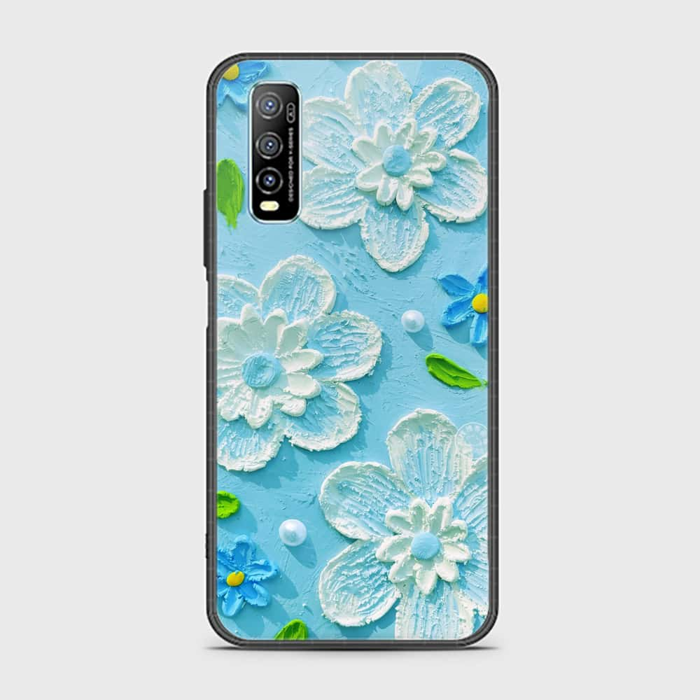 Vivo Y70s Cover - Floral Series - Design 3 - Sky Blue - HQ Ultra Shine Premium Infinity Glass Soft Silicon Borders Case