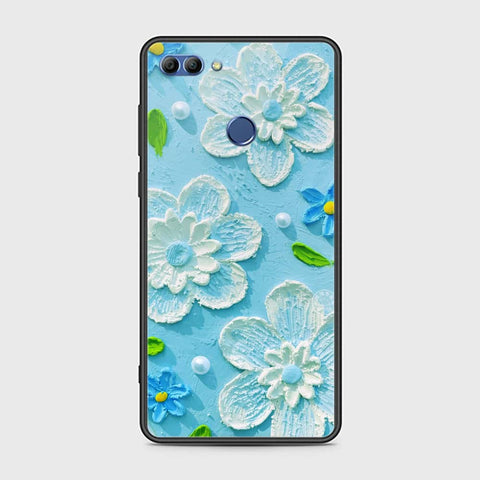 Huawei Y9 2018 Cover - Floral Series - Design 3 - Sky Blue - HQ Ultra Shine Premium Infinity Glass Soft Silicon Borders Case