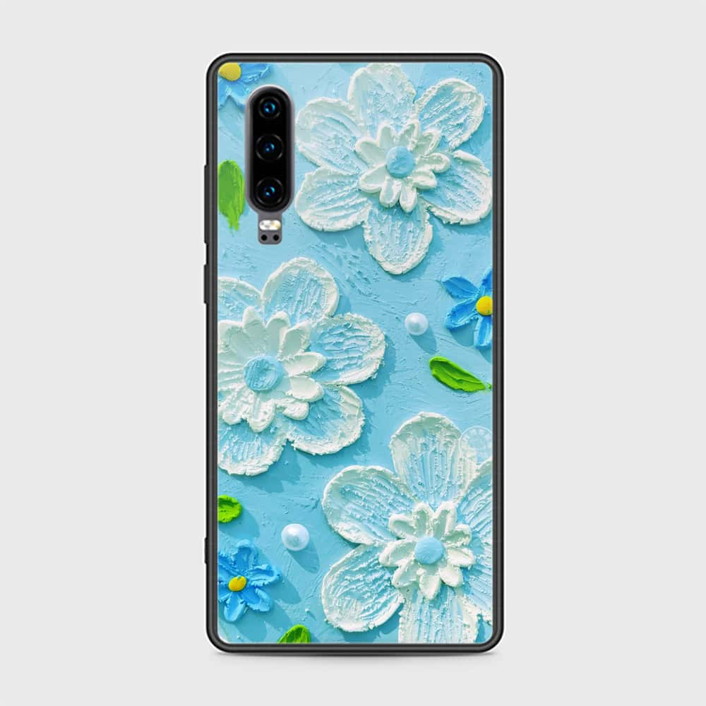 Huawei P30 Cover - Floral Series - Design 3 - Sky Blue - HQ Ultra Shine Premium Infinity Glass Soft Silicon Borders Case