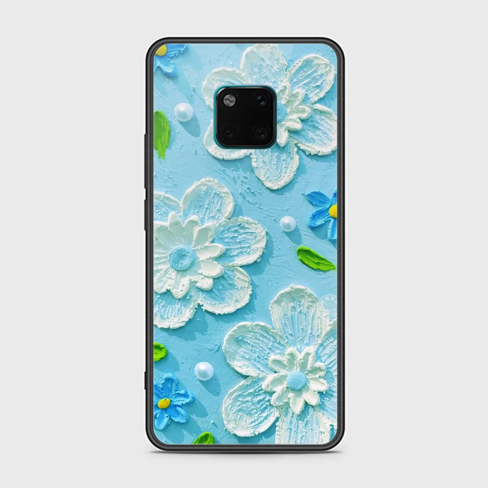 Huawei Mate 20 Pro Cover - Floral Series - Design 3 - Sky Blue - HQ Ultra Shine Premium Infinity Glass Soft Silicon Borders Case