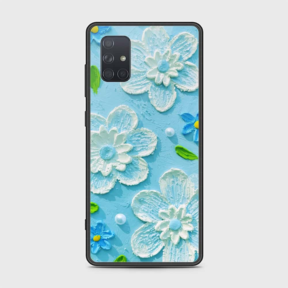 Samsung Galaxy A71 Cover - Floral Series - Design 3 - Sky Blue - HQ Ultra Shine Premium Infinity Glass Soft Silicon Borders Case